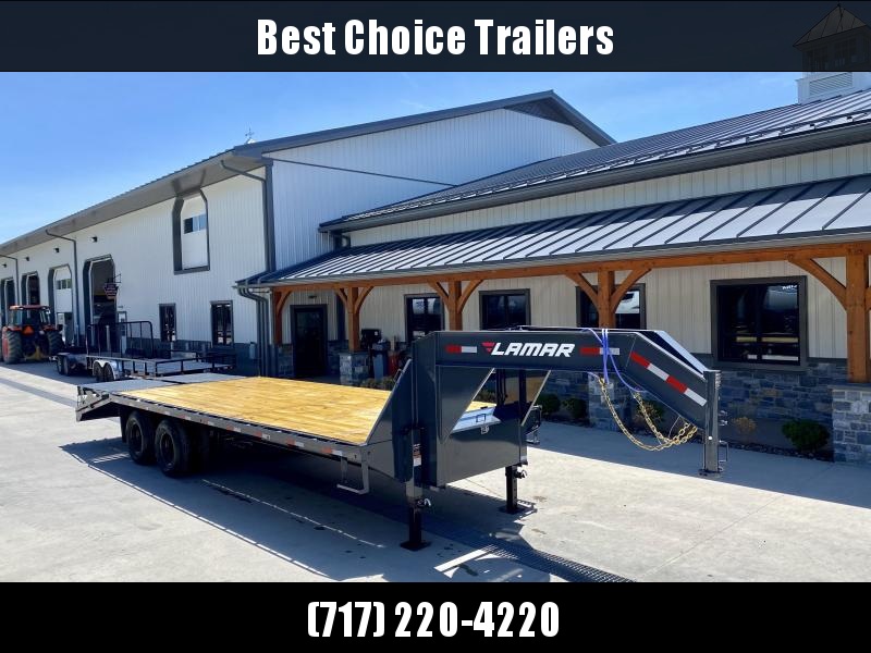 2022 Lamar 102x25' Gooseneck Beavertail Deckover Trailer 25900# GVW * 12K DEXTER AXLES * FULL WIDTH RAMPS * CHARCOAL * 12" / 19# I-BEAM * FRONT TOOLBOX / DUAL JACKS * UNDER FRAME BRIDGE 2022 Lamar 102x25' Gooseneck Beavertail Deckover Trailer 25900# GVW * 12K DEXTER AXLES * FULL WIDTH RAMPS * CHARCOAL * 12" / 19# I-BEAM * FRONT TOOLBOX / DUAL JACKS * UNDER FRAME BRIDGE