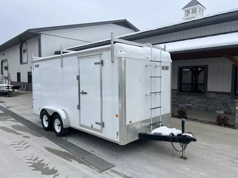 USED Car Mate Trailers 8.5X16 7,000 GVW ENCLOSED CARGO TRAILERS * SHELVES * SPARE TIRE * BARN DOORS * LADDER RACKS W/ FRONT LADDER *