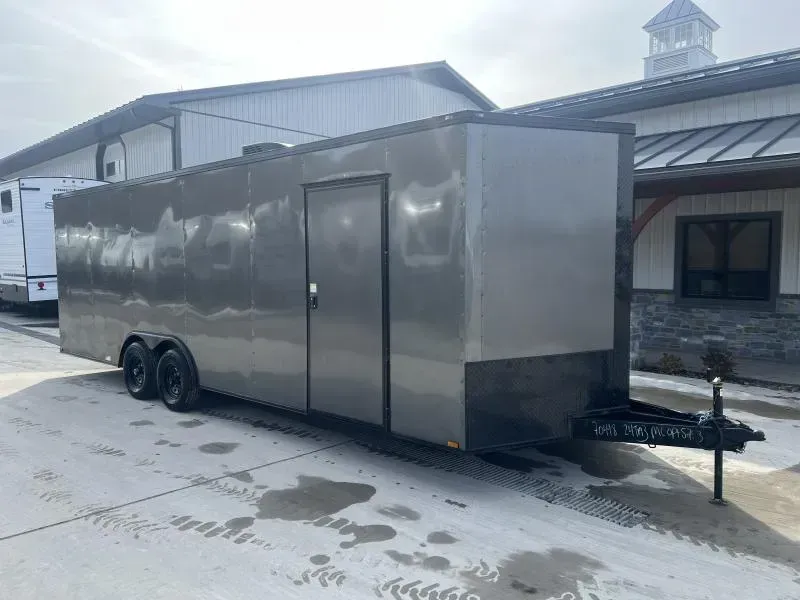 2026 Quality 8.5x24' Enclosed Race Car Trailer 9990# GVW * CHARCOAL .080 POLYCOR * 7' HEIGHT * BASE & OVERHEAD CABINETS * RUBBER COIN FLOOR & RAMP * 15000 BTU A/C W/ HEAT * BLACKOUT PKG * ALUMINUM WALLS & CEILING * 50 AMP ELECTRIC PKG * ESCAPE DOOR