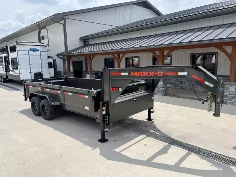 2026 MAXXD 7x16' DJX Gooseneck Dump Trailer 16000# GVW * DEXTER 8000# AXLES * OVERSIZE 6X20 SCISSOR * 8"/15# I-BEAM FRAME * 2PC 10GA WALLS & FLOOR * 12" O.C. CROSSMEMBERS * WIRELESS REMOTE * COMBO GATE * METALLIC GREY * HD TOP RAIL * TARP * JACKSTANDS