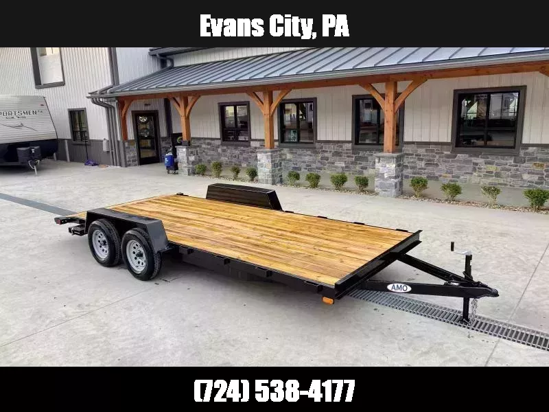 2026 AMO 7x20' Wood Deck Car Trailer 7000# GVW * LED TAIL LIGHTS * STACKED CHANNEL TONGUE/FRAME * BEAVERTAIL * REMOVABLE FENDERS * 2-AXLE BRAKES * STAKE POCKETS 1757529896