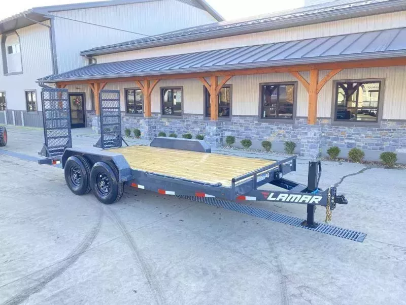 2026 Lamar 7x18' Equipment Trailer 14000# GVW * DELUXE OVERWIDTH RAMPS W/ HEAVY MESH * CHARCOAL POWDERCOAT * RUBRAIL/STAKE POCKETS/PIPE SPOOLS * REM FENDERS * 12K JACK * CAST COUPLER * SPRING ASSIST * COLD WEATHER HARNESS
