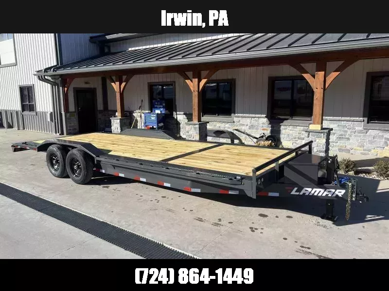 2026 Lamar 102x24' Car Hauler Trailer 14000# GVW * 8" TONGUE AND FRAME * 102" DECK * DRIVE OVER FENDERS * TOOLBOX * 4 D-RINGS * WINCH PLATE * 4' DOVETAIL * REAR JACKSTANDS * SLIDE IN RAMPS * CHARCOAL 1757458413