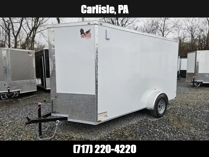2026 Quality Cargo 6x10 Single Axle Enclosed Cargo Trailer 2990# GVW * WHITE .080 POLYCOR EXTERIOR * 6'3 CEILING HEIGHT * SEMI-SCREWLESS * PLYWOOD WALLS AND FLOOR * RV DOOR * 16" O.C. * TUBE STUDS * RAMP DOOR * V-NOSE 1776216377