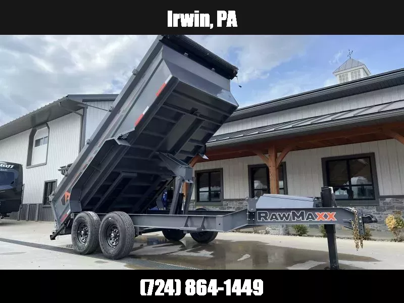 2025 RawMaxx 7x14' GDX Knight Deluxe Dump Trailer 14000# GVW * HYDRAULIC JACK * 14-PLY TIRES * STABILIZER JACKS * 8" I-BEAM FRAME * 32" HIGH SIDES * SCISSOR HOIST * 3-WAY COMBO GATE * UNDERMOUNT RAMPS * ADJUSTABLE COUPLER * HD TOP RAIL * GRAPHICS PKG 1750183932