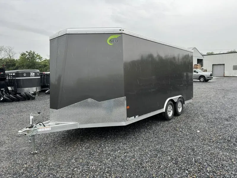 2026 NEO 8.5x18' NAUX Aluminum Enclosed UTV Trailer 7000# GVW * BLACK EXTERIOR * DRT REAR SPOILER * CABLELESS REAR RAMP * NXP LATCH * ROUND TOP/V-NOSE * SCREWLESS * ALUMINUM WHEELS * L-TRACK TIE DOWN SYSTEM * INTEGRATED FRAME