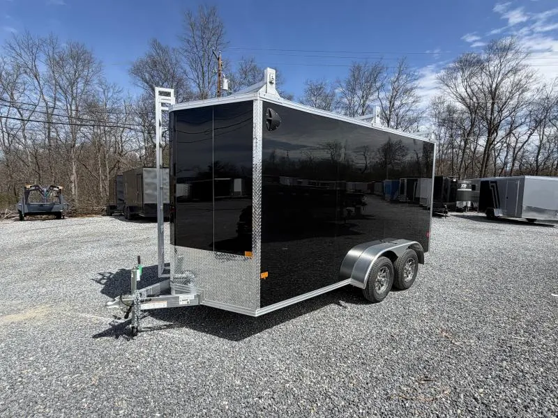2026 E-Z Hauler 7x14' Contractor Package Aluminum Enclosed Cargo Trailer 7000# GVW * +6" HEIGHT/7' INTERIOR * BLACK .080 POLYCOR SCREWLESS EXTERIOR * 3 HEAVY DUTY LADDER RACKS * FRONT LADDER * ALUMINUM WHEELS * 1 PC ROOF * RAMP DOOR