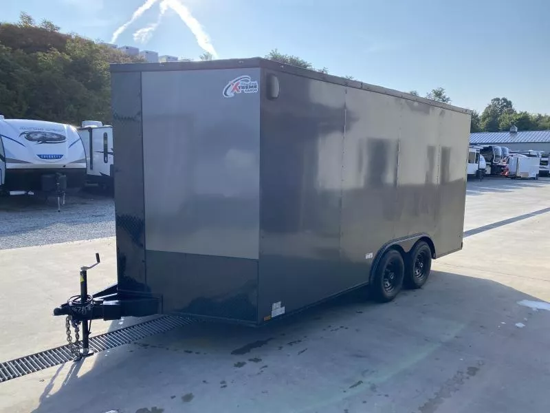 2026 Xtreme Cargo 8.5x16 Enclosed Car Hauler Trailer 9990# GVW * 5200# AXLES * CHARCAOL BLACKOUT EXTERIOR * 7' HEIGHT UTV PKG * .030 SEMI-SCREWLESS * RV DOOR * PLYWOOD WALLS AND FLOOR * TUBE STUDS * D-RINGS * 6" TUBE FRAME