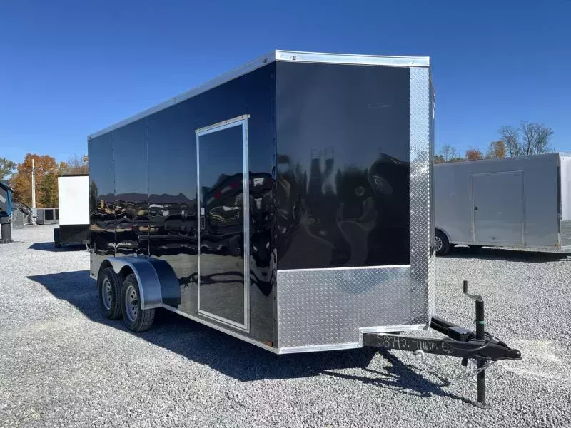 2025 Quality 7x16' Tandem Axle Enclosed Cargo Trailer 7000# GVW * 7' HEIGHT * REAR SPOILER/LOAD LIGHTS * BLACK EXTERIOR * RAMP DOOR * PLYWOOD WALLS & FLOORS * TUBE WALL AND CEILING STUDS * LED LIGHTS * 16" O.C. WALL AND FLOORS * RV DOOR * V-NOSE