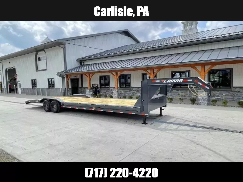 2025 Lamar 102x32' Gooseneck Car Hauler Trailer 14000# GVW * 102" DECK * DRIVE OVER FENDERS * OVERLENGTH 7' SLIDE IN RAMPS * 4' DOVETAIL * RUBRAIL * SWIVEL JACKS * UNDER FRAME BRIDGE * DUAL JACKS * FULL TOOLBOX * CHARCOAL W/ BLACK WHEELS 1757012646