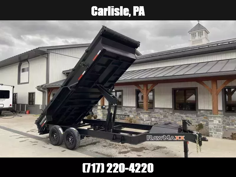 2026 RawMaxx 7x16' Hydraulic Dump Trailer 14000# GVW * 8" I-BEAM FRAME * SCISSOR HOIST * 3-WAY COMBO GATE * UNDERMOUNT RAMPS * ADJUSTABLE COUPLER * 12K JACK * 110V CHARGER * HD TOP RAIL 1763921996