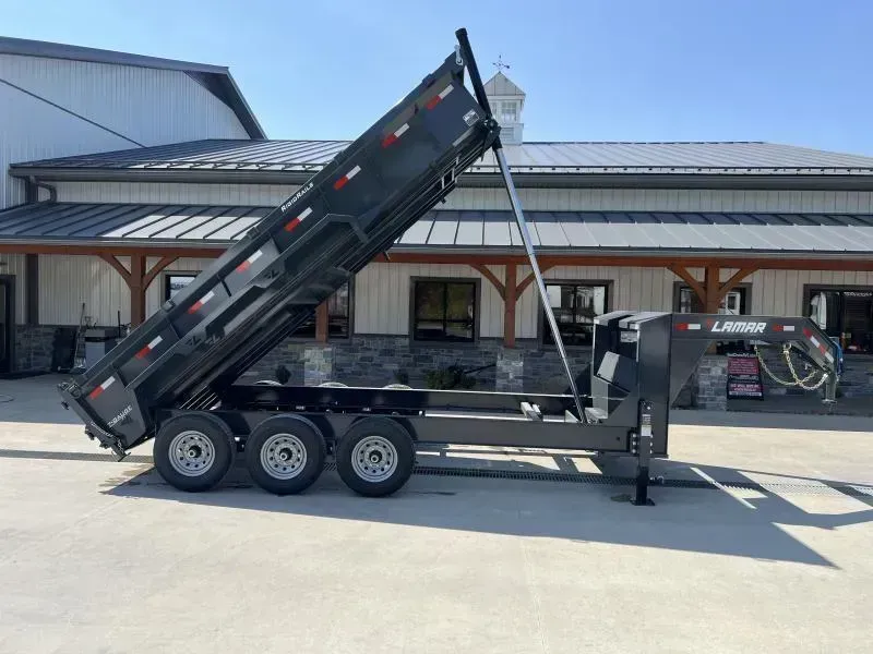 2026 Lamar 7x16' Gooseneck Dump Trailer 21000# GVW * TELESCOPIC HOIST * 7GA FLOOR * TARP KIT * UNDERMOUNT RAMPS * DUAL 12K JACKS * CHARCOAL * RIGID RAILS * FULL TOOLBOX * NESTLED I-BEAM FRAME * COMBO GATE * 12" O.C