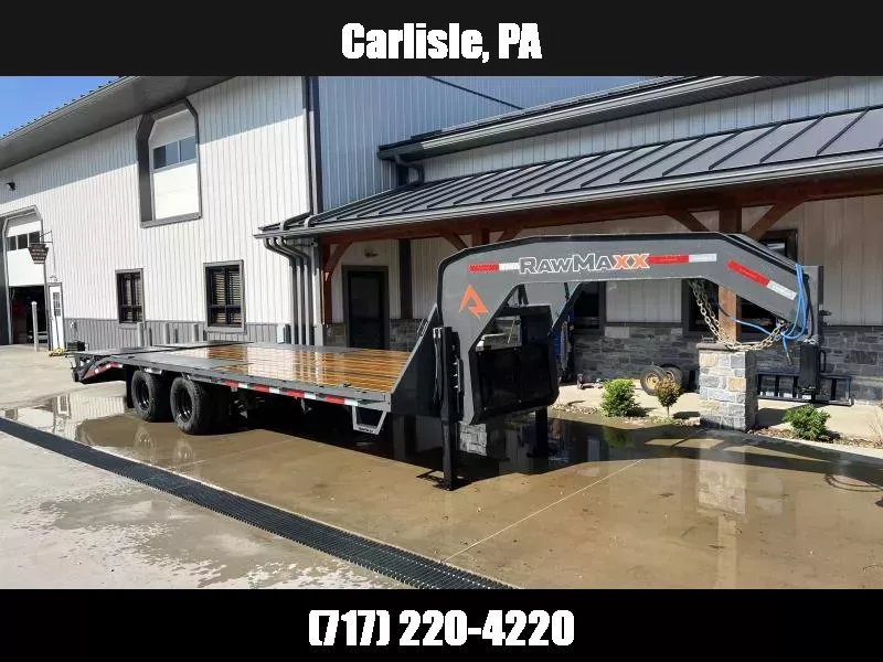 2025 RawMaxx 102x25' Gooseneck Beavertail Deckover Trailer 20000# GVW * DUAL HYDRAULIC JACKS * 10000# DEXTER AXLES * FULL WIDTH RAMPS * 12"/19# PIERCED I-BEAM FRAME * RUBRAIL/STAKE POCKETS/CHAIN SPOOLS/D-RINGS * WINCH PLATE * CHAIN RACK * DUAL JACKS 1760640820