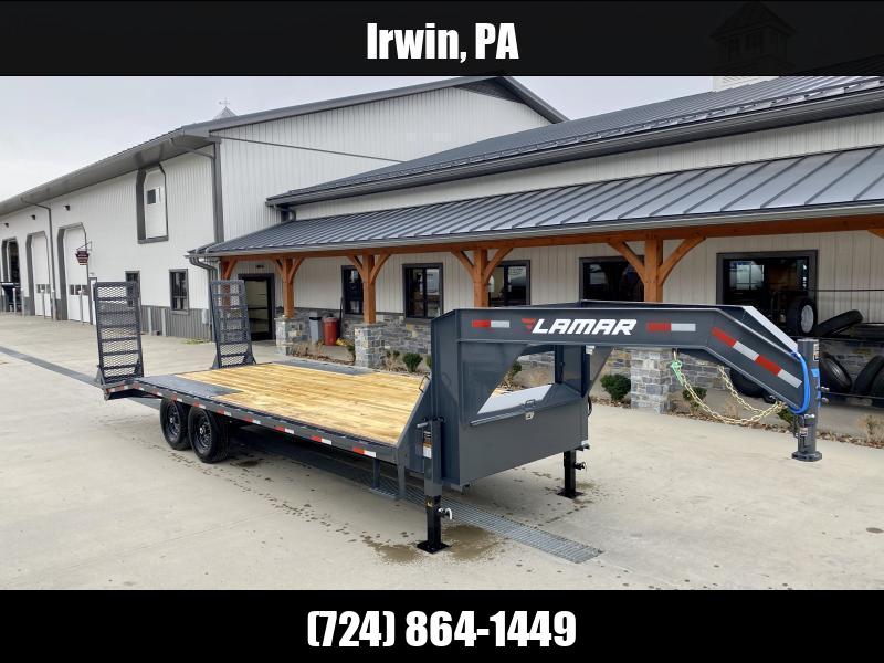 2025 Lamar 102x22' Gooseneck Beavertail Deckover Trailer 14000# GVW * STAND UP RAMPS + SPRING ASSIST  * CHARCOAL * TOOL TRAY * HD COUPLER * I-BEAM FRAME * 16" O.C. C/M * RUBRAIL/STAKE POCKETS/PIPE SPOOLS * CHANNEL SIDE RAIL * 4X8" TUBE BUMPER 1750184066