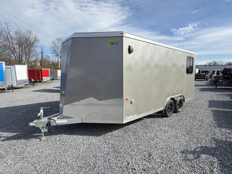 2026 NEO 8.5x16' NAUX Aluminum Enclosed Toy Hauler Trailer 7000# GVW * PEWTER EXTERIOR * AWNING * A/C W HEAT * INSULATED * BLACKOUT TRIM * BASE/OVERHEAD CABINETS * DRT REAR SPOILER * CABLELESS REAR RAMP * ALUMINUM WHEELS * L-TRACK TIE DOWN SYSTEM