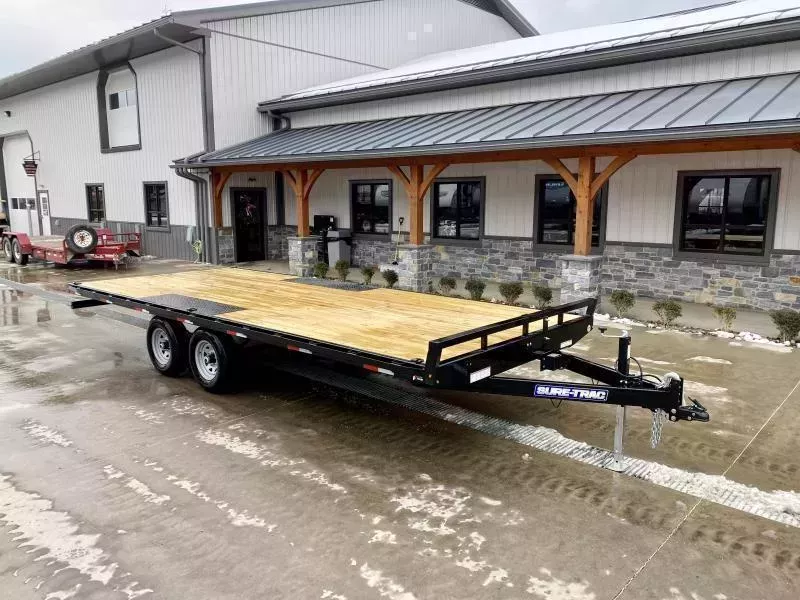 2026 Sure-Trac 102x20 Flatbed Deckover Trailer 9900# GVW * 8' SLIDE IN PUNCH PLATE RAMPS * TUBE SIDE RAIL + CROSSMEMBERS * RUBRAIL/STAKE POCKETS/D-RINGS * SPARE MOUNT * ADJUSTABLE COUPLER * DROP LEG JACK