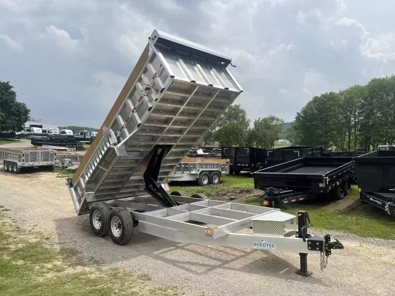 2026 Nordtek 7x14' Aluminum High Side Dump Trailer 14000# GVW * 4' SIDES * 7GA FLOOR * SCISSOR LIFT * ALUMINUM TOOLBOX & WHEELS * 12K DROP LEG JACK * 8" TONGUE * RAMPS INCLUDED * DELUXE TARP KIT * 12" O.C. CROSSMEMBERS