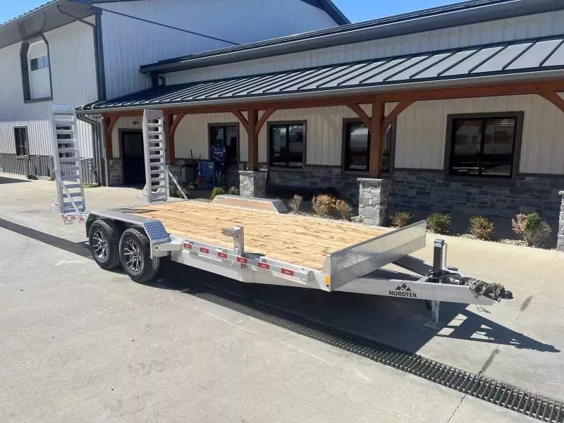 2026 Nordtek 7x18' Aluminum Equipment Trailer 9990# GVW * ALUMINUM STAND UP RAMPS * ALUMINUM WHEELS + MATCHING SPARE * 6" TONGUE AND FRAME * 3" CHANNEL C/M, 16" O.C * STAKE POCKETS/RUBRAIL * 7K DROP LEG JACK * ADJUSTABLE COUPLER