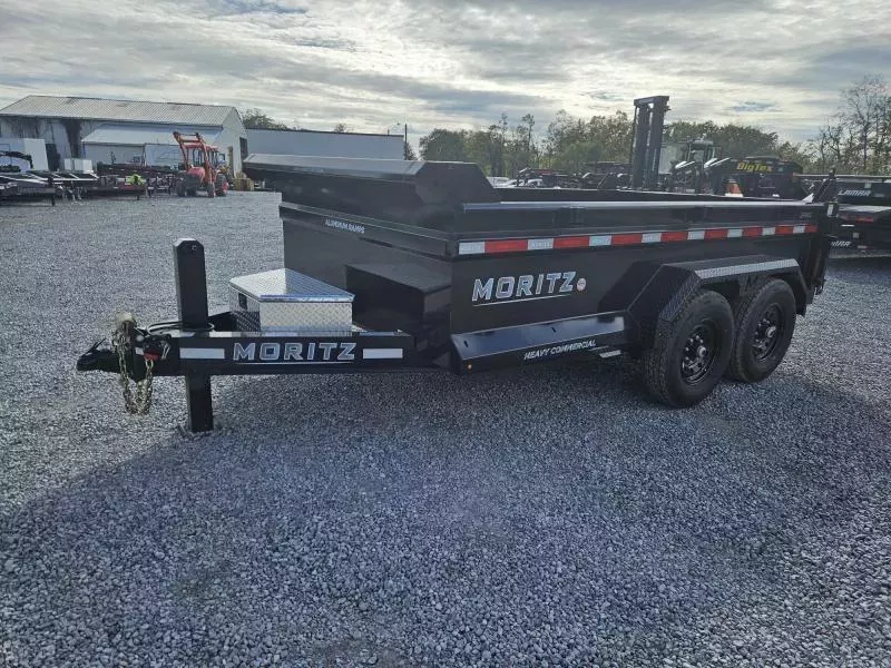 2025 Moritz 7x12' Low Profile Dump Trailer 14000# GVW * HYDRAULIC JACK * TARP KIT * STAKE POCKETS * DEXTER AXLES * TORSION SUSPENSION * WET COAT PAINT * 24" SIDES * 8" I-BEAM FRAME * ALUMINUM RAMPS & TOOLBOX * 4-BOLT COUPLER * COMBO GATE * KEYWAY IN SIDES
