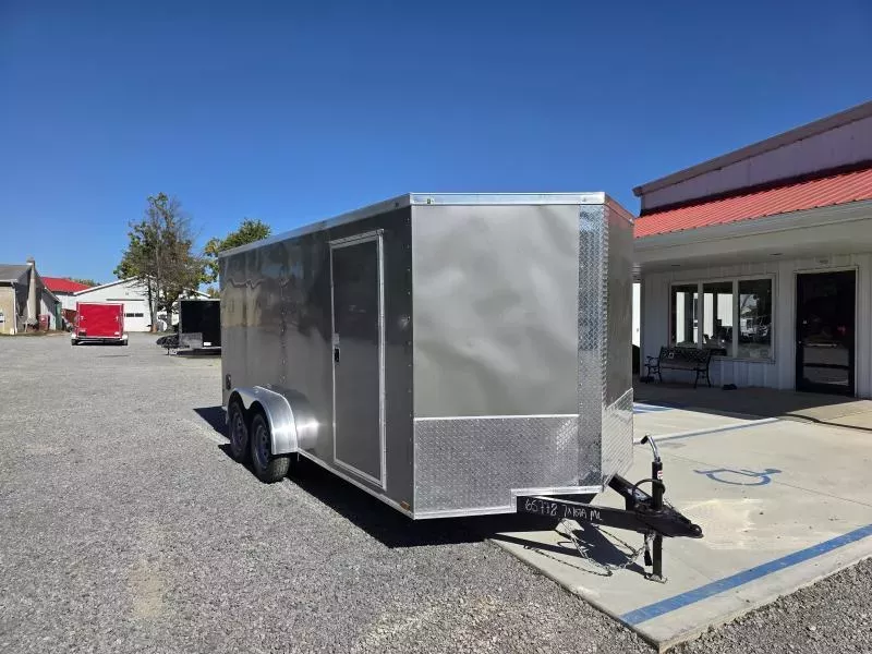 2026 Quality 7x16' Tandem Axle Enclosed Cargo Trailer 7000# GVW * SILVER .080 POLYCOR EXTERIOR * SEMI-SCREWLESS * RAMP DOOR * PLYWOOD WALLS & FLOORS * TUBE WALL AND CEILING STUDS * LED LIGHTS * 16" O.C. WALL AND FLOORS * RV DOOR * V-NOSE