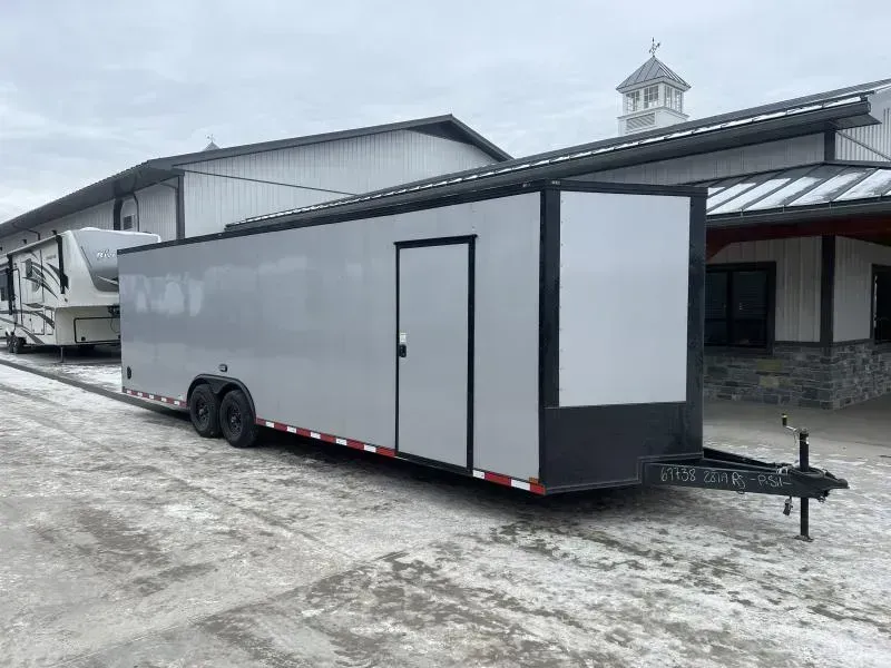 2026 Quality 8.5x26' Enclosed Car Hauler Trailer 9990# GVW * SILVER BLACKOUT * 7'6" HEIGHT * .080 POLYCOR EXTERIOR * SEMI-SCREWLESS * HD RAMP DOOR * PLYWOOD WALLS & FLOORS * TUBE WALL AND CEILING STUDS * LED LIGHTS * 16" O.C. WALL & FLOORS * RV DOOR