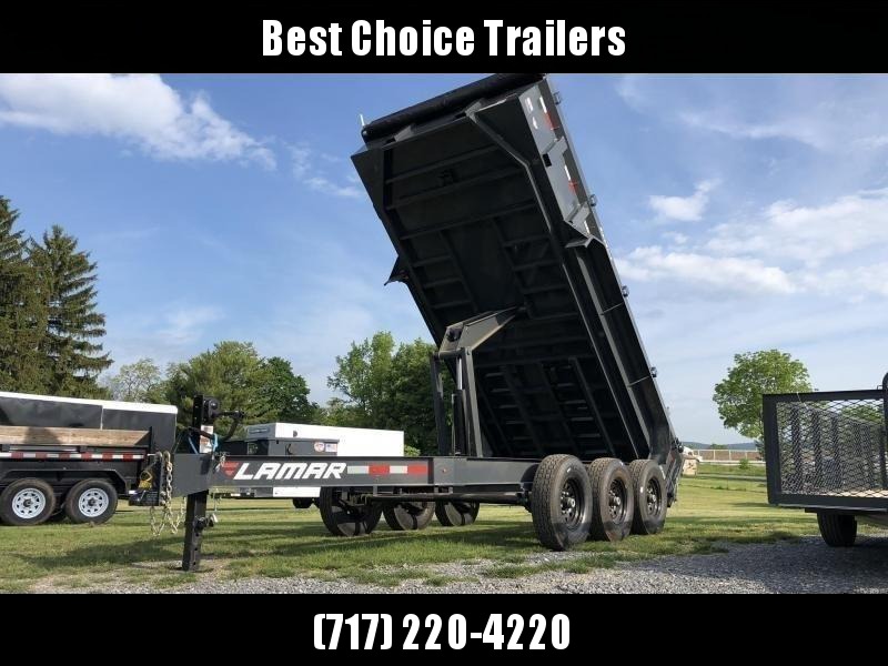 2020 Lamar 7x16' Dump Trailer 21000# GVW * OVERSIZE 6X21.5 11-TON SCISSOR HOIST * DUAL 12K JACKS * OIL BATH HUBS * 7GA FLOOR * JACKSTANDS * TARP KIT * CHARCOAL * RIGID RAILS * NESTLED I-BEAM FRAME 28" H * 12" O.C. C/M * 3-WAY GATE * HD COUPLER 2020 Lamar 7x16' Dump Trailer 21000# GVW * OVERSIZE 6X21.5 11-TON SCISSOR HOIST * DUAL 12K JACKS * OIL BATH HUBS * 7GA FLOOR * JACKSTANDS * TARP KIT * CHARCOAL * RIGID RAILS * NESTLED I-BEAM FRAME 28" H * 12" O.C. C/M * 3-WAY GATE * HD COUPLER