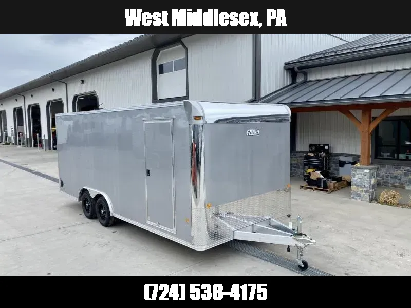 2026 E-Z Hauler 8.5x20' Aluminum Enclosed Car Hauler 7000# GVW * SILVER .080 POLYCOR EXTERIOR * V-NOSE * ALUMINUM WHEELS * ALUMINUM FRAME * 16" O/C * SCREWLESS * ONE PC ROOF * 4 D-RINGS * BEAVERTAIL 1773108180