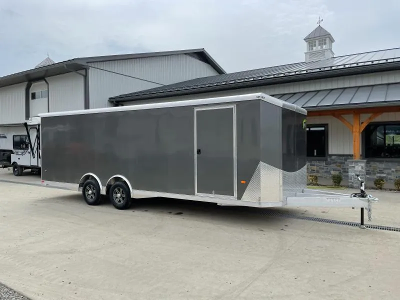 2026 NEO 8.5x24' NACX Aluminum Enclosed Car Hauler Trailer 9990# GVW * CHARCOAL EXTERIOR * FULL ESCAPE DOOR * 5200# TORSION * BULLNOSE * SPREAD AXLE * DRT REAR SPOILER * NXP RAMP * ROUND TOP * HD FRAME * ALUMINUM WHEELS * RV DOOR * 1 PC ROOF