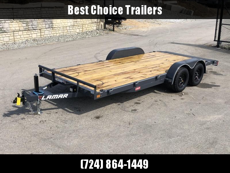 2022 Lamar 7x18 7000# Wood Deck Car Hauler Trailer * ADJUSTABLE COUPLER * DROP LEG JACK * REMOVABLE FENDERS * EXTRA STAKE POCKETS * CHARCOAL * 4 D-RINGS * 5" CHANNEL FRAME * COLD WEATHER HARNESS * REAR RAMPS 2022 Lamar 7x18 7000# Wood Deck Car Hauler Trailer * ADJUSTABLE COUPLER * DROP LEG JACK * REMOVABLE FENDERS * EXTRA STAKE POCKETS * CHARCOAL * 4 D-RINGS * 5" CHANNEL FRAME * COLD WEATHER HARNESS * REAR RAMPS