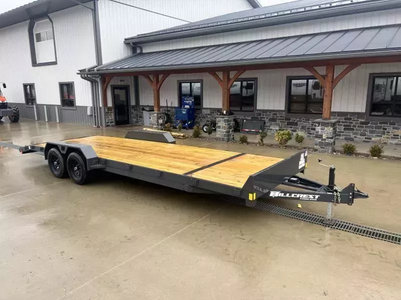 2026 Hillcrest Trailers 7x24' Car Hauler Trailer 9990# GVW * 5" CHANNEL TONGUE & FRAME * CHARCOAL POWER COAT * ADJUSTABLE COUPLER * SET BACK JACK * TRIPLE TUBE TONGUE * REAR SLIDE OUT RAMPS * 4 D-RINGS * 3" CHANNEL CROSSMEMBERS * REMOVABLE FENDERS