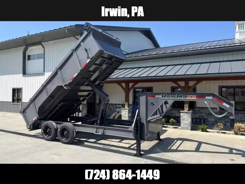 2026 RawMaxx 7x16' Gooseneck Dump Trailer 20000# GVW * 10000# DEXTER TORSION AXLES * DUAL HYDRAULIC JACKS * 3' SIDES * 235/75/17.5 18-PLY TIRES * 10" I-BEAM FRAME * 6X20" 11-TON SCISSOR HOIST * 3-WAY COMBO GATE * UNDERMOUNT RAMPS * HD TOP RAIL 1751909653