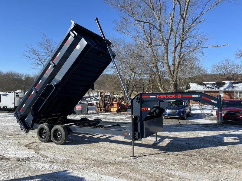 2025 MAXXD 7x16' DTX Gooseneck High Side Dump Trailer 16000# GVW * 8000# AXLES * 17.5" 18-PLY TIRES * 3' HIGH SIDES - FLAIR * OVERSIZE 12-TON TELESCOPIC HOIST * 8"/15# I-BEAM FRAME * 2PC 10GA SIDES/FLOOR * 12" O.C. CROSSMEMBERS * WIRELESS REMOTE