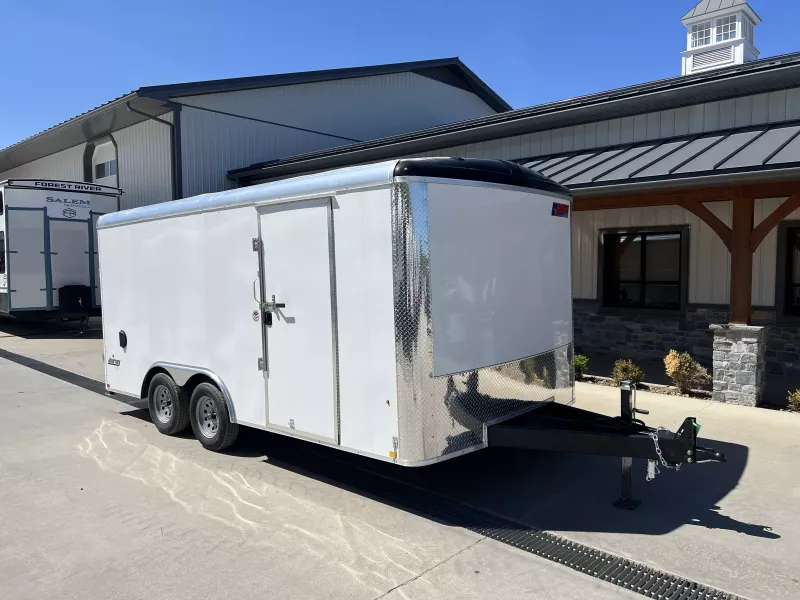 2025 Pace American 8.5x16' Enclosed Commercial Landscape Trailer * WHITE EXTERIOR * 12" EXTENDED TONGUE * ADJUSTABLE COUPLER * 12" KICKPLATE * RAMP KNIFE EDGE * SCREWLESS EXTERIOR * SLANT V-NOSE * 1 PIECE ALUMINUM ROOF * UNDERCOATING * ALL 16" O.C. C/M