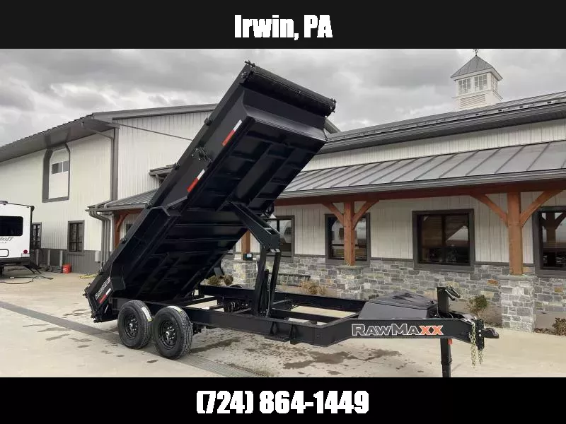 2026 RawMaxx 7x16' Hydraulic Dump Trailer 14000# GVW * 8" I-BEAM FRAME * SCISSOR HOIST * 3-WAY COMBO GATE * UNDERMOUNT RAMPS * ADJUSTABLE COUPLER * 12K JACK * 110V CHARGER * HD TOP RAIL 1762276867