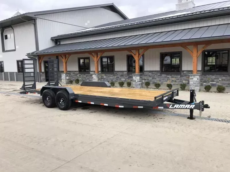 2026 Lamar 7x20' Equipment Trailer 14000# GVW * DELUXE OVERWIDTH RAMPS W/ HEAVY MESH * CHARCOAL POWDERCOAT * RUBRAIL/STAKE POCKETS/PIPE SPOOLS/D-RINGS * REM FENDERS * 12K JACK * CAST COUPLER * SPRING ASSIST * COLD WEATHER HARNESS