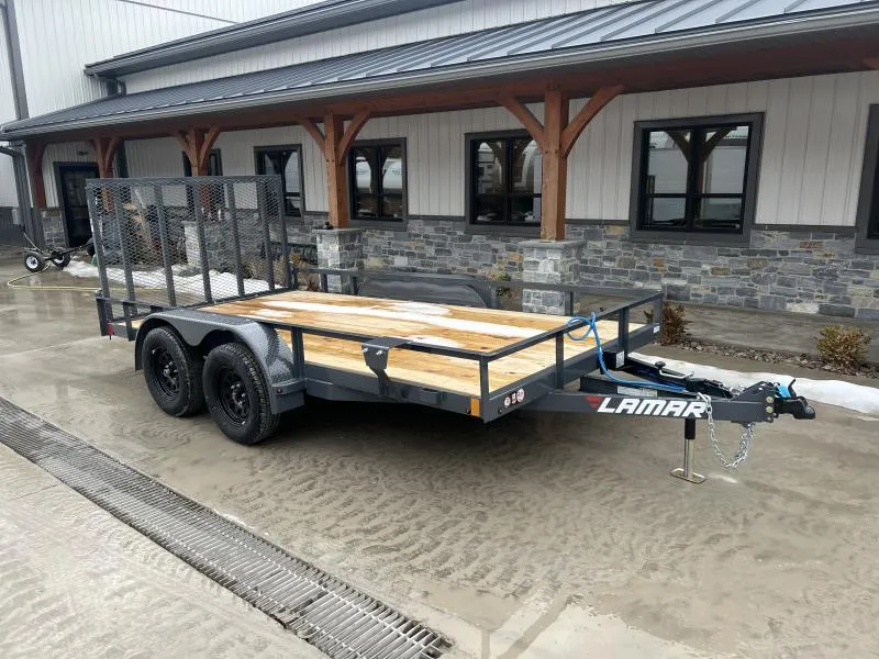 2026 Lamar 7x14' Deluxe Utility Landscape Trailer 7000# GVW * 4" CHANNEL FRAME/TONGUE * CHARCOAL * HD GATE/2X2" TUBE C/M + SPRING ASSIST * COLD WEATHER HARNESS * STAKE POCKETS * TEARDROP FENDERS * BULLET LEDS