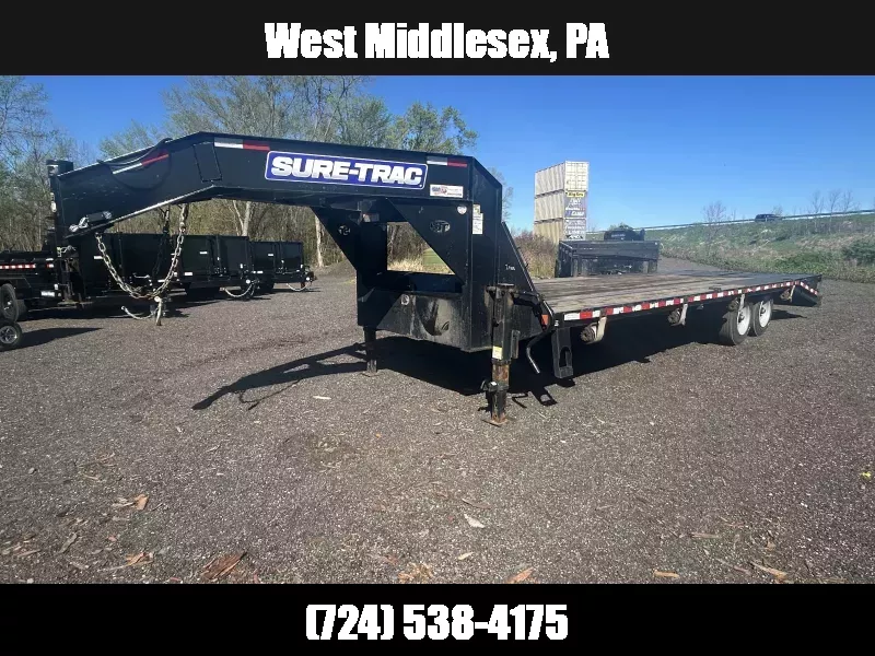 USED Sure-Trac 102x25' Gooseneck Beavertail Deckover Trailer 12000# GVW * 8000# AXLES * 17.5" 16-PLY TIRES * 3 3/8" BRAKES * DUAL JACKS * FULL TOOLBOX * FULL WIDTH RAMPS * 12" I-BEAM * PIERCED FRAME * (10) 1" D-RINGS * CROSS TRAC 1750184080