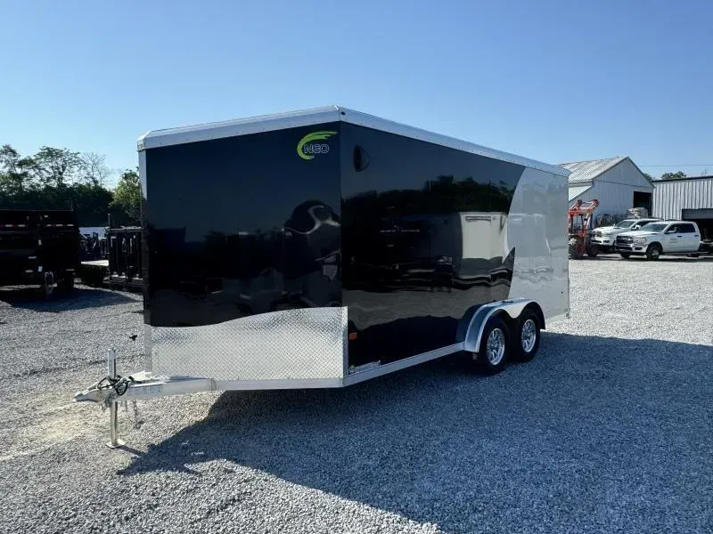 2026 NEO Trailers 7.5x16' NAMR Aluminum Enclosed Powersports Trailer * BLACK+SILVER * TORSION SUSPENSION * VINYL WALLS * 7' HEIGHT - UTV PKG * ALUMINUM WHEELS * TIE DOWN SYSTEM * NXP RAMP DOOR
