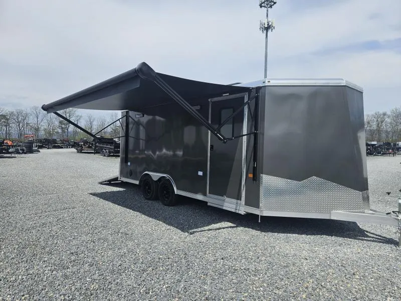 2026 NEO 8.5x18' NAUX Aluminum Enclosed Toy Hauler Trailer 7000# GVW * CHARCOAL EXTERIOR * AWNING * A/C W HEAT * INSULATED * BLACKOUT TRIM * BASE/OVERHEAD CABINETS * DRT REAR SPOILER * CABLELESS REAR RAMP * ALUMINUM WHEELS * L-TRACK TIE DOWN SYSTEM