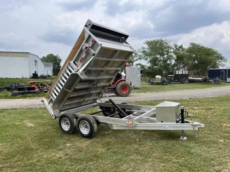 2026 Nordtek 75"x10' Aluminum Dump Trailer 7000# GVW * 7GA FLOOR * ALUMINUM TOOLBOX * ALUMINUM WHEELS * DROP LEG JACK * 6" TONGUE AND FRAME * RAMPS INCLUDED * KEYWAY IN SIDES * DELUXE TARP KIT