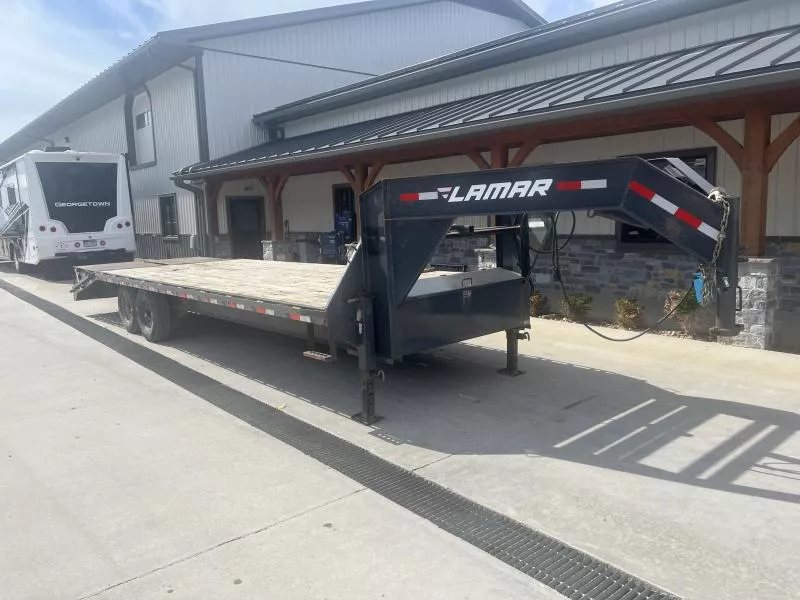 USED Lamar 102X26' Gooseneck Deckover Trailer 14000# GVW 12" I BEAM * 8' SLIDE OUT RAMPS * FRONT TOOLBOX * DUAL JACKS * RUBRAIL/STAKE POCKETS/PIPE SPOOLS * SPARE TIRE * CHARCOAL