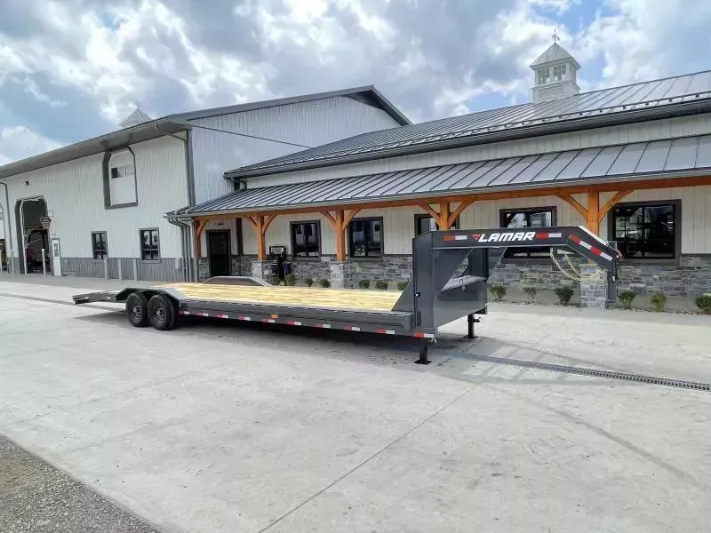 2026 Lamar 102x28' Gooseneck Car Hauler Trailer 14000# GVW * 102" DECK * DRIVE OVER FENDERS * OVERLENGTH 7' SLIDE IN RAMPS * 4' DOVETAIL * RUBRAIL * SWIVEL JACKS * UNDER FRAME BRIDGE * DUAL JACKS * FULL TOOLBOX * CHARCOAL W/ BLACK WHEELS