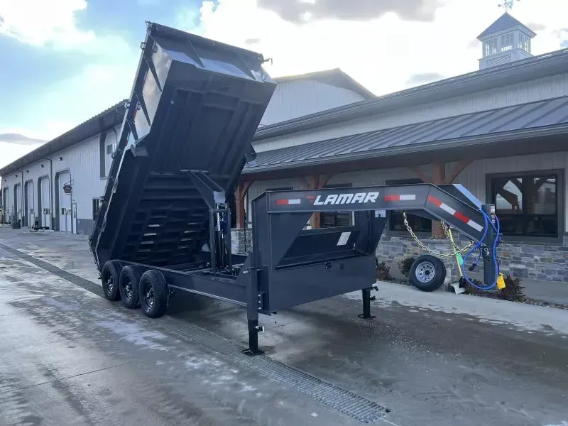 2026 Lamar 7x16' Gooseneck Dump Trailer 21000# GVW * 3' HIGH SIDES * DUAL JACKS * FULL TOOLBOX * REAR JACKSTANDS * 7GA FLOOR * TRIPLE AXLE * TARP KIT * OVERSIZE 6X21.5" SCISSOR HOIST * CHARCOAL * RIGID RAILS * NESTLED I-BEAM FRAME 28" H * 12" O.C. C/M 