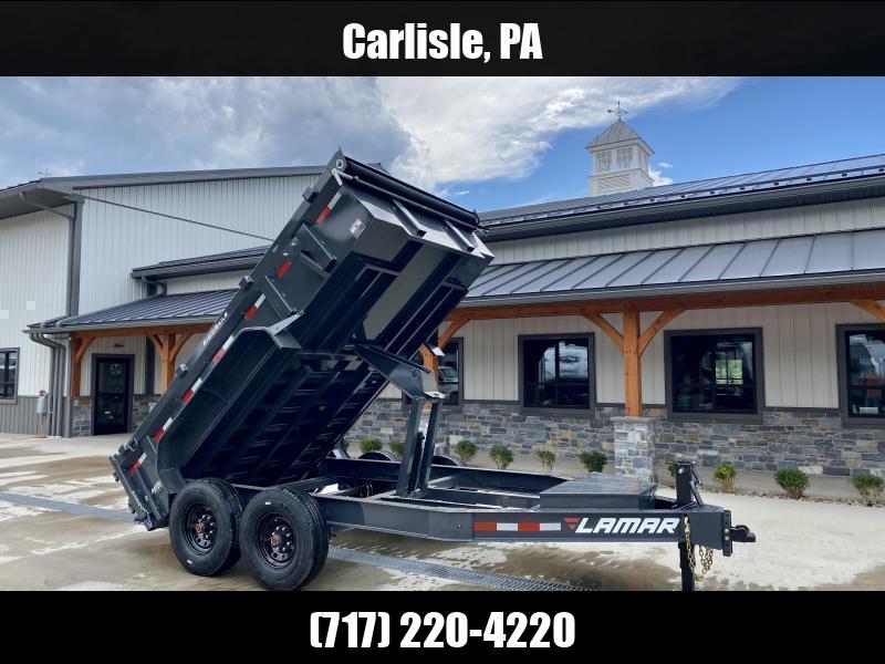2025 Lamar 7x12' Dump Trailer 14000# GVW * DROP AXLES * HD AXLE BEAM *  REAR JACKSTANDS * 17.5 16-PLY TIRES  * 12" O.C. C/M * 7GA FLOOR  * TARP KIT * SCISSOR HOIST * 12K JACK * CHARCOAL * RIGID RAILS * HD COUPLER * NESTLED I-BEAM FRAME 1763742026
