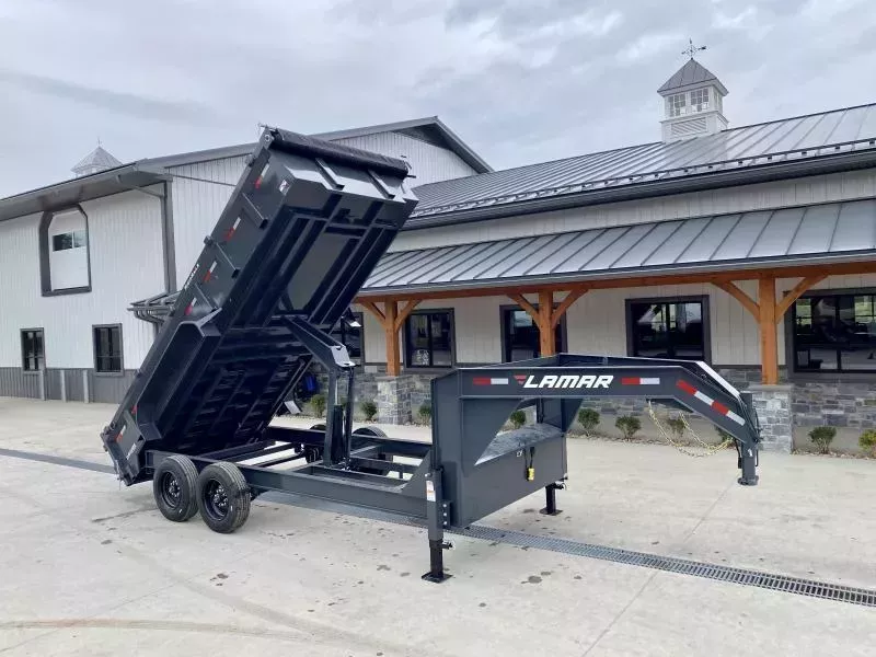 2026 Lamar 7x14' Gooseneck Dump Trailer 16000# GVW * 8000# AXLE UPGRADE * 17.5 RUBBER * OVERSIZE 6x21.5 SCISSOR * 7 GAUGE FLOOR * RIGID RAILS * DELUXE TARP * COMBO GATE * I-BEAM FRAME