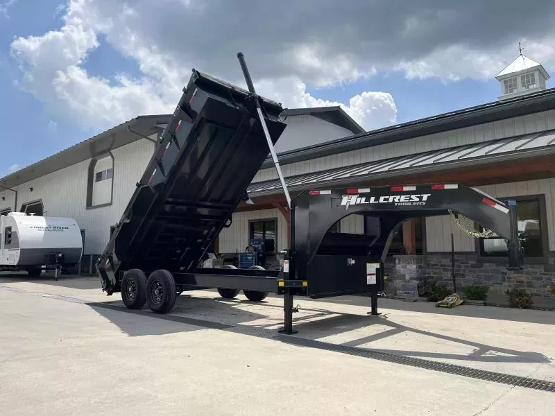 2026 Hillcrest Trailers 7x16' Gooseneck Dump Trailer 15900 GVW * 12-TON TELESCOPIC HOIST * ENGINEERED NECK * I-BEAM FRAME * 7GA FLOOR * DELUXE TARP KIT * HD TOP RAIL * REAR STAB JACKS * 12" O.C. C/M