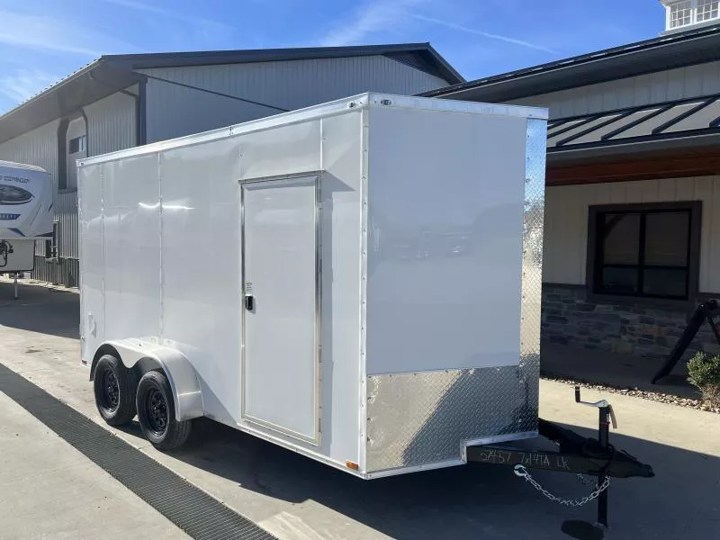 2025 Quality 7x16' Enclosed Cargo Trailer 7000# GVW * .080 WHITE POLYCOR EXTERIOR * +9" HEIGHT - UTV * REAR SPOILER AND LOAD LIGHTS * RAMP DOOR * PLYWOOD WALLS & FLOORS * TUBE WALL AND CEILING STUDS * LED LIGHTS * 16" O.C. WALL AND FLOORS * RV DOOR
