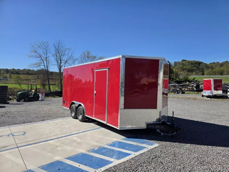2025 Quality 8.5x18' Enclosed Car Hauler Trailer 9990# GVW * RED EXTERIOR * HD RAMP DOOR * PLYWOOD WALLS & FLOORS * TUBE WALL AND CEILING STUDS * LED LIGHTS * 16" O.C. WALL AND FLOORS * RV DOOR * V-NOSE
