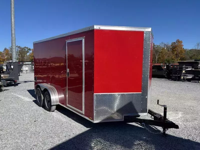 2025 Quality 7x16' Tandem Axle Enclosed Cargo Trailer 7000# GVW * RED EXTERIOR * RAMP DOOR * PLYWOOD WALLS & FLOORS * TUBE WALL AND CEILING STUDS * LED LIGHTS * 16" O.C. WALL AND FLOORS * RV DOOR * V-NOSE