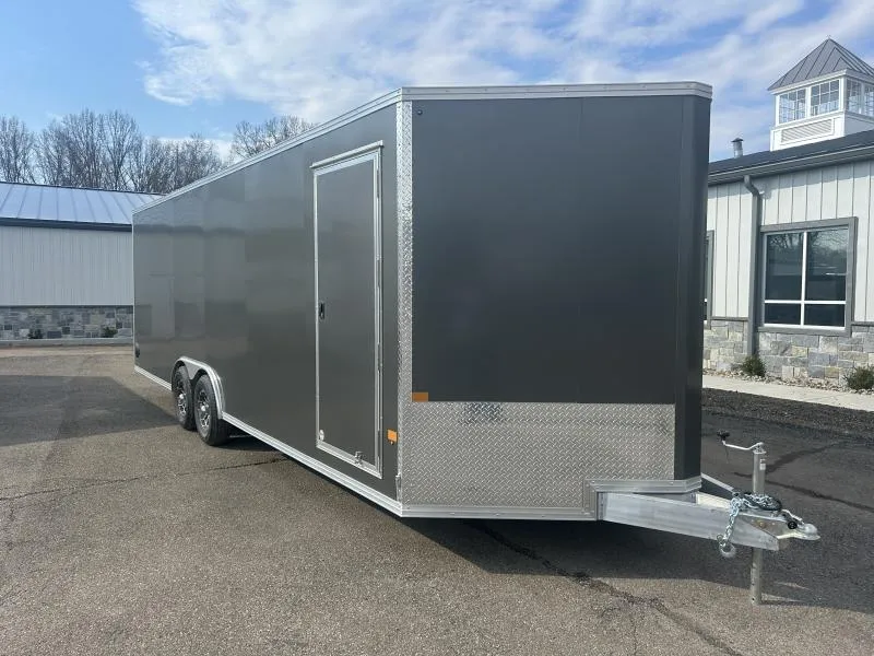 2026 E-Z Hauler 8.5x24' Aluminum Enclosed Car Hauler 9990# GVW * CHARCOAL .080 POLYCOR EXTERIOR * FULL ESCAPE DOOR * VINYL WALLS * ALUMINUM WHEELS * ALUMINUM FRAME * 16" O/C * SCREWLESS * ONE PC ROOF * 4 D-RINGS * BEAVERTAIL